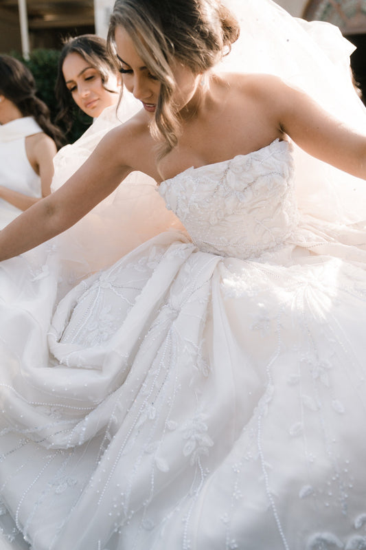 C2023-SBG45 - strapless ball gown wedding dress with 3D embellishments & chapel train