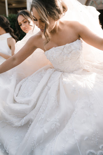 C2023-SBG45 - strapless ball gown wedding dress with 3D embellishments & chapel train