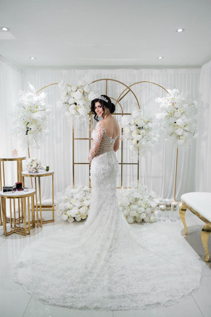 C2023-LS83P - sheer long sleeve beaded wedding gown with detachable train