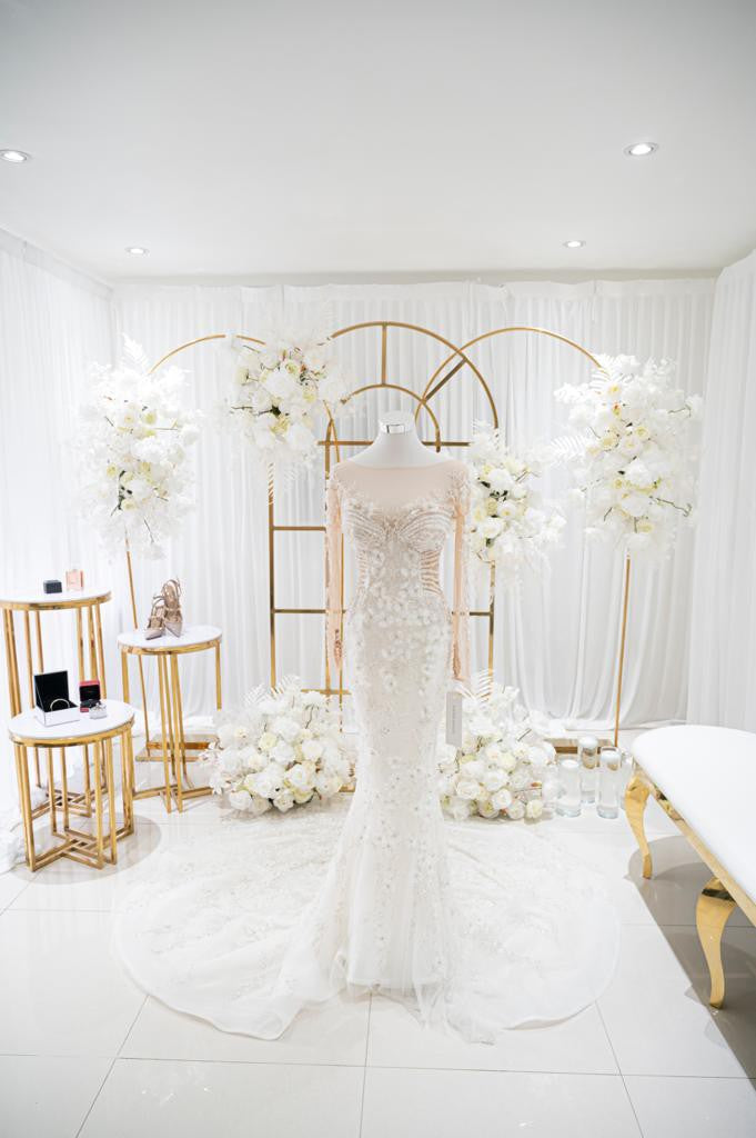 C2023-LS83P - sheer long sleeve beaded wedding gown with detachable train