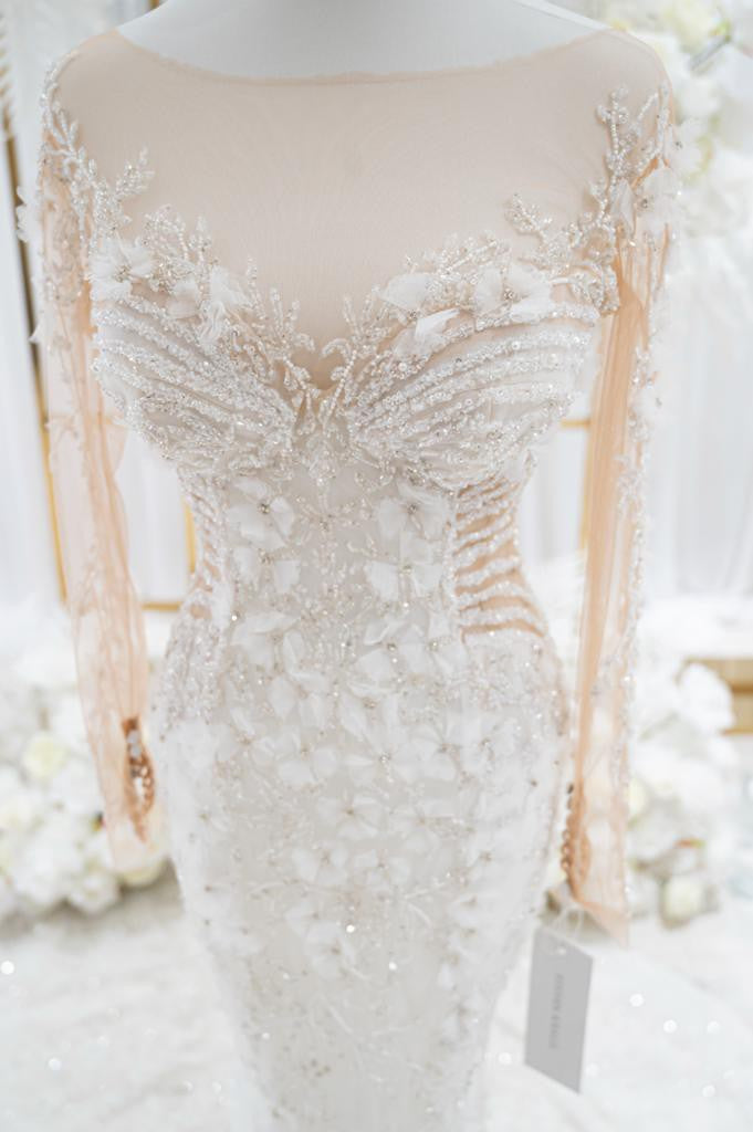 C2023-LS83P - sheer long sleeve beaded wedding gown with detachable train