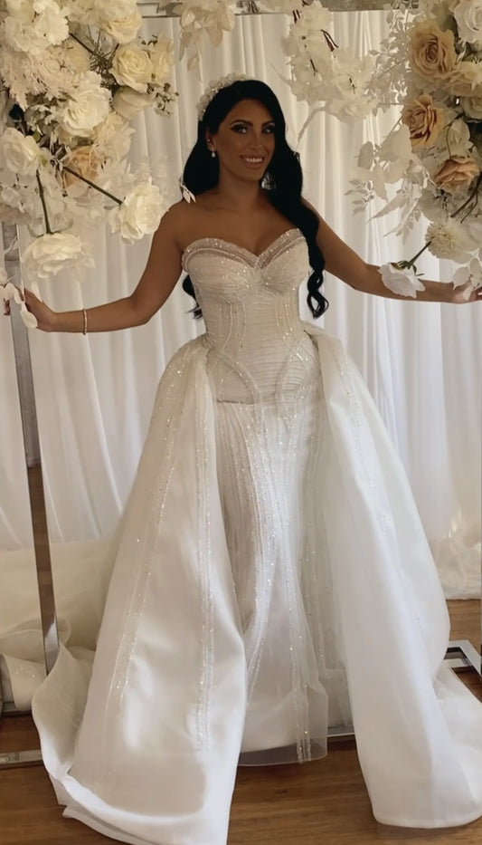 C2023-SH18B - strapless sweetheart beaded wedding gown with detachable train