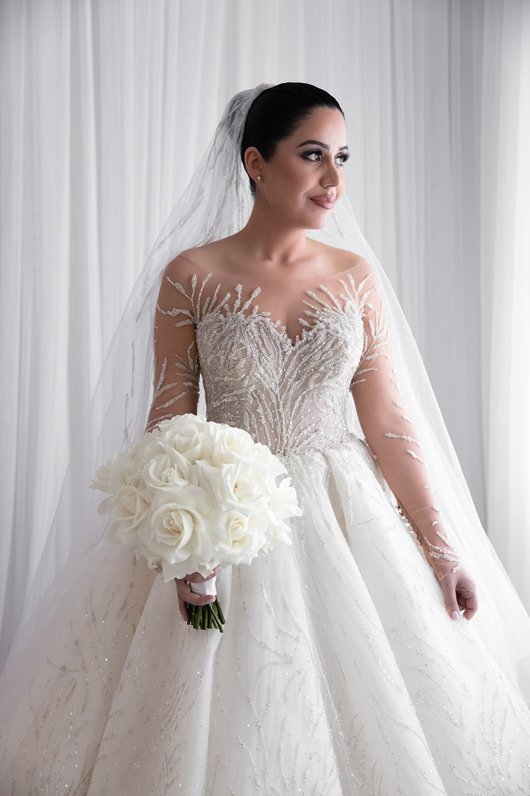 C2023-LS31A - beaded sheer long sleeve a-line wedding gown