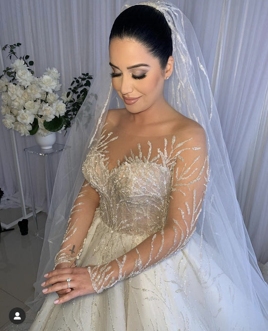 C2023-LS31A - beaded sheer long sleeve a-line wedding gown