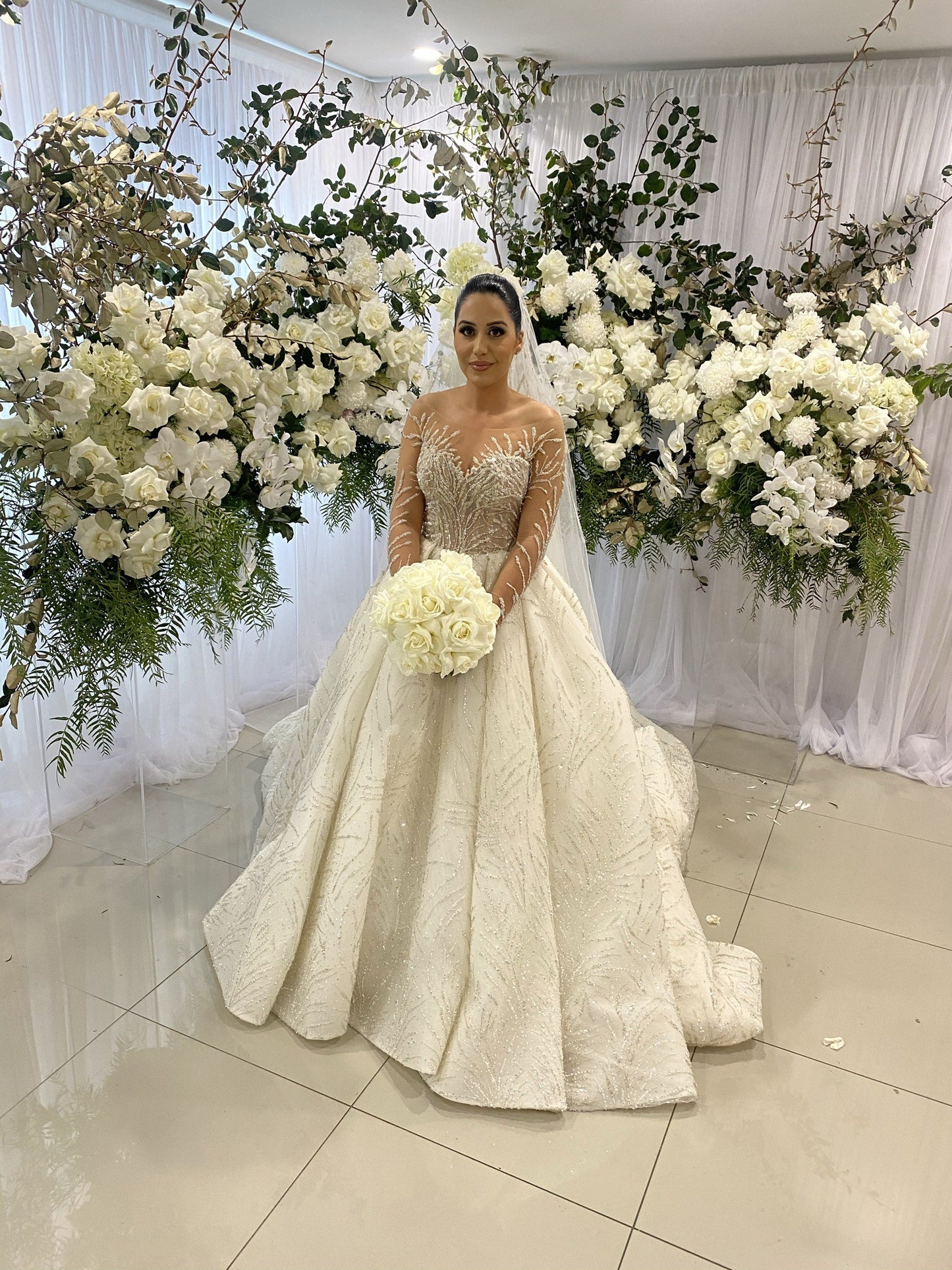 C2023-LS31A - beaded sheer long sleeve a-line wedding gown