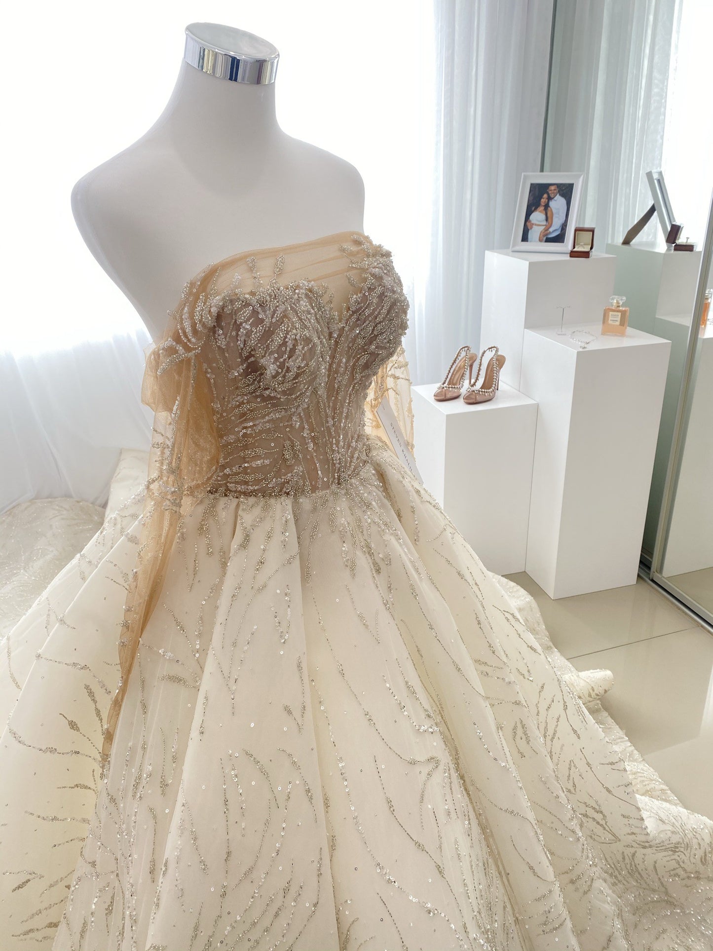 C2023-LS31A - beaded sheer long sleeve a-line wedding gown