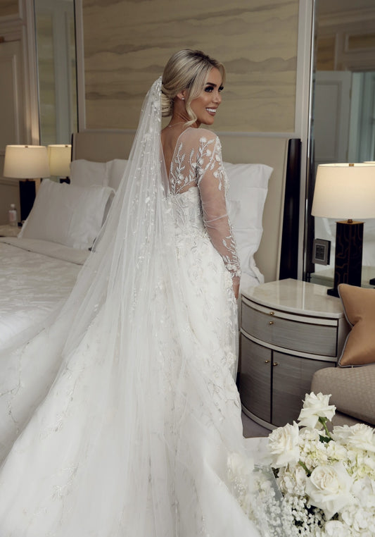C2023-LS20T - sheer illusion neckline long sleeve wedding gown with detachable train