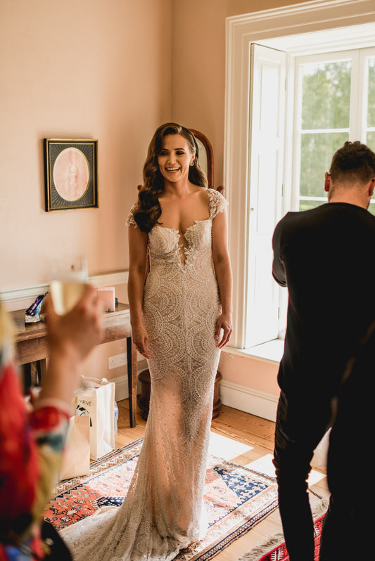 C2023-CS62 - short cap sleeve embroidered lace wedding gown