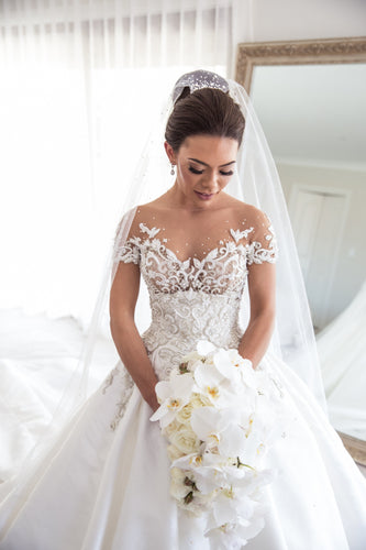 C2023-SS225 - short sleeve beaded lace and embroidered a-line wedding gown
