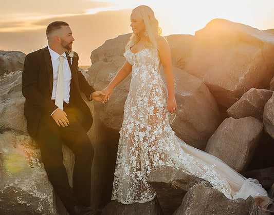 C2023-A54L - Sheer flower motif lace wedding gown