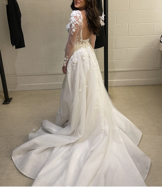 C2023-LS16K - sheer long sleeve open neck line wedding dress with side split and train