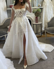 C2023-LS16K - sheer long sleeve open neck line wedding dress with side split and train