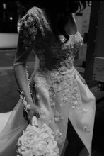 C2023-LS16K - sheer long sleeve open neck line wedding dress with side split and train