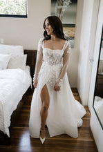 C2023-LS16K - sheer long sleeve open neck line wedding dress with side split and train