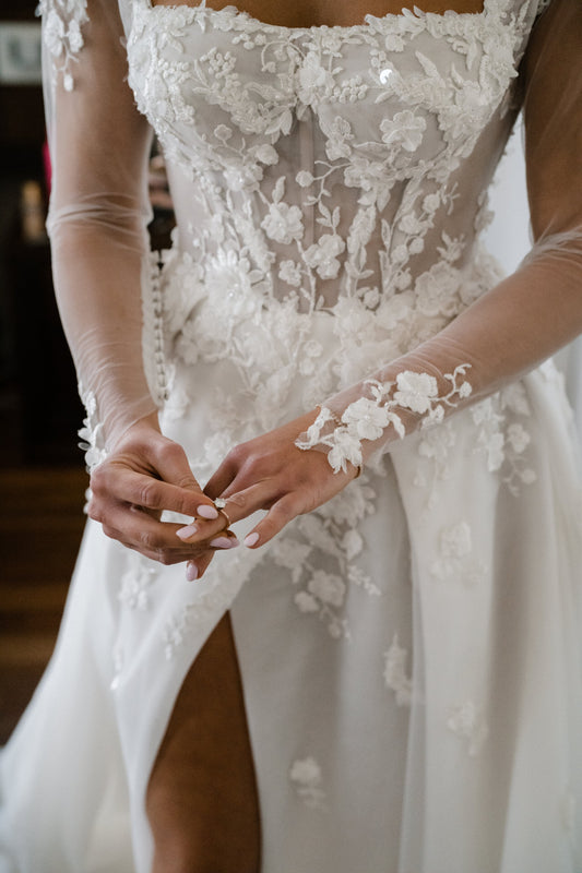 C2023-LS16K - sheer long sleeve open neck line wedding dress with side split and train