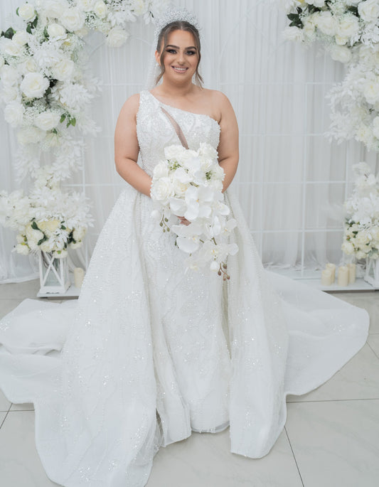 C2023-OST4 - beaded one shoulder plus size wedding ball gown dress with overskirt