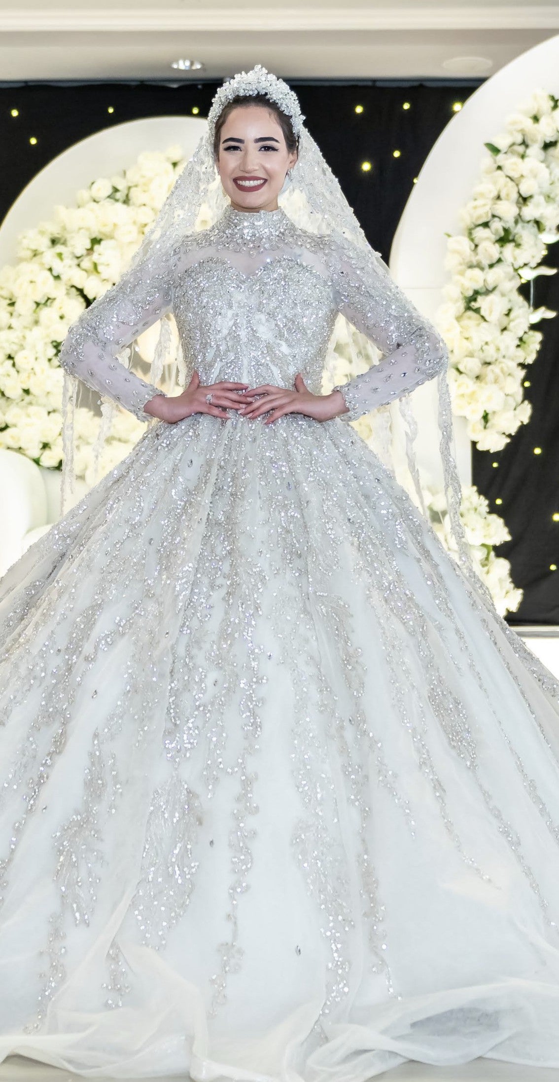 C2023-LSM918 - Modest long sleeve swarovski crystal beaded wedding ball gown with high collar