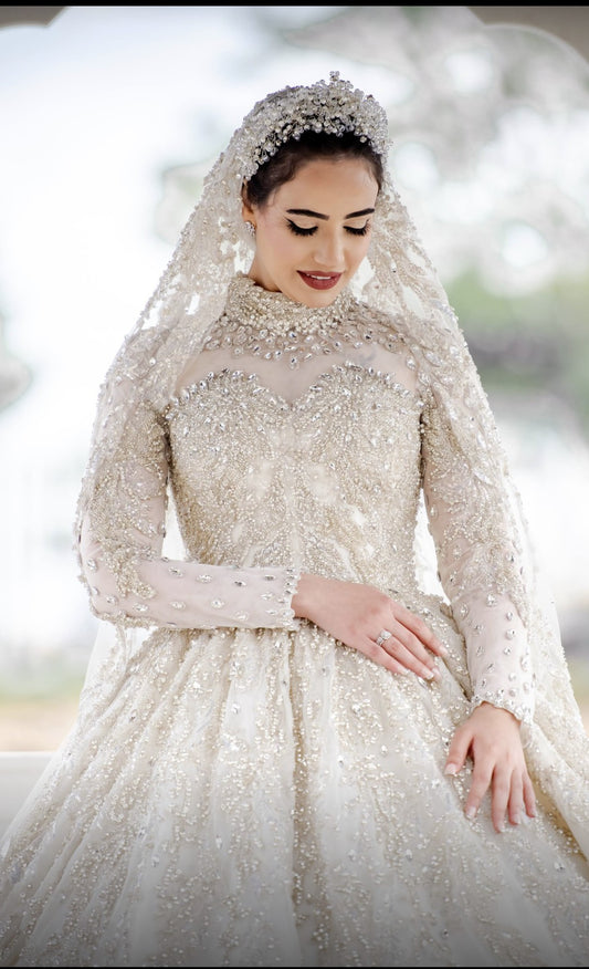 C2023-LSM918 - Modest long sleeve swarovski crystal beaded wedding ball gown with high collar