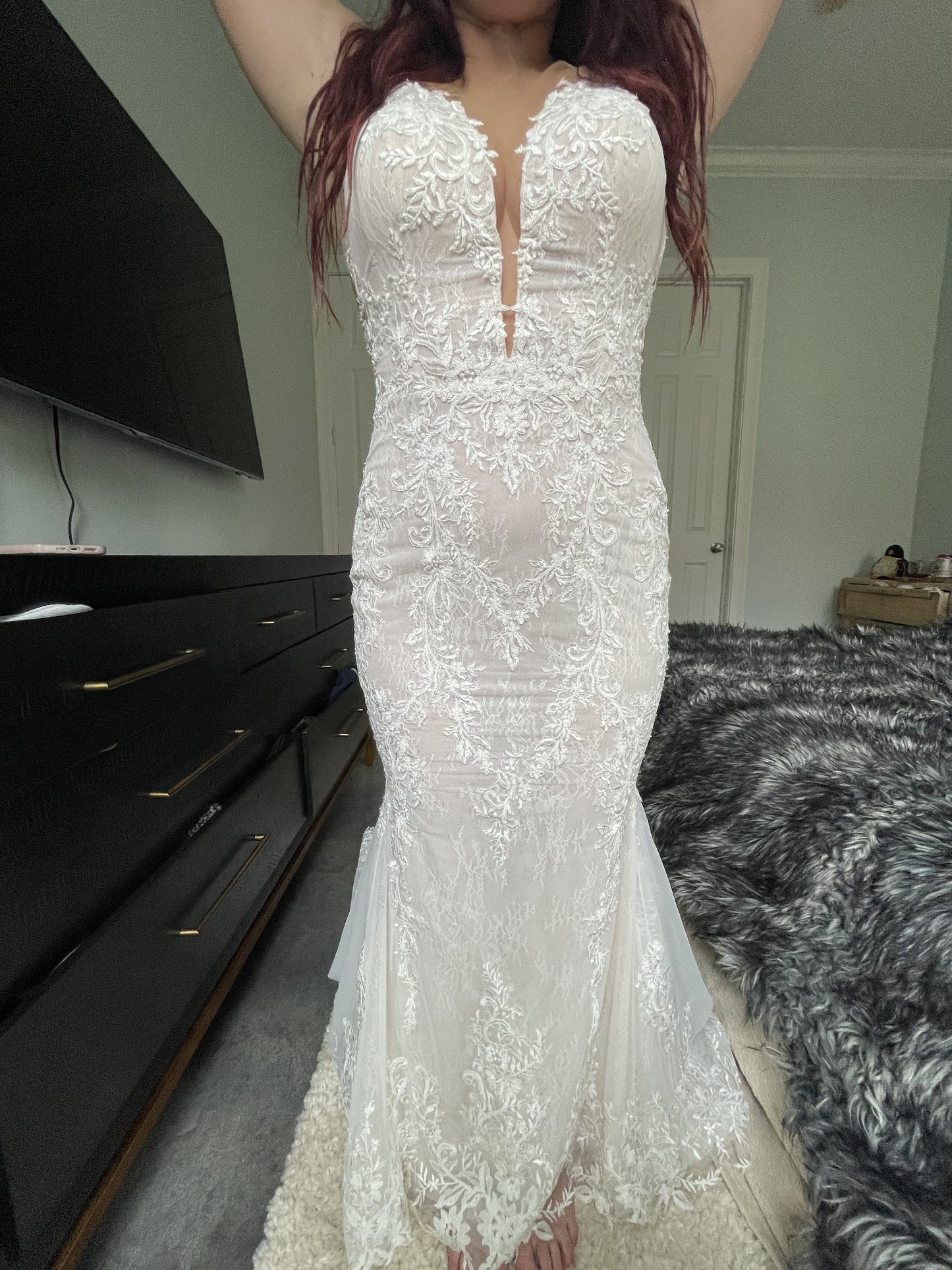 C2023-SS66Y - strapless beaded lace wedding gown with sheer back and chapel train