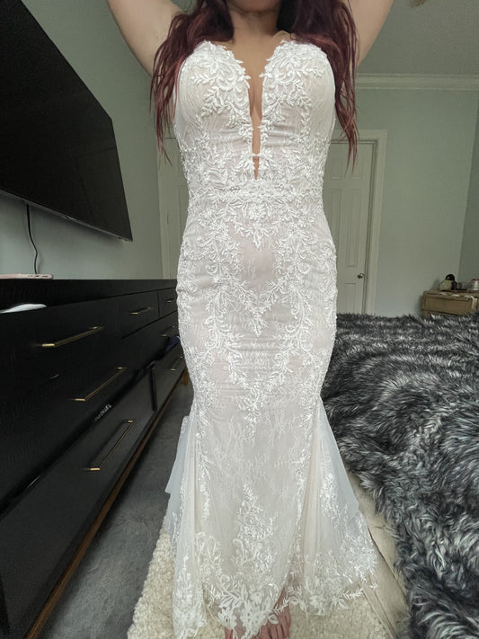 C2023-SS66Y - strapless beaded lace wedding gown with sheer back and chapel train