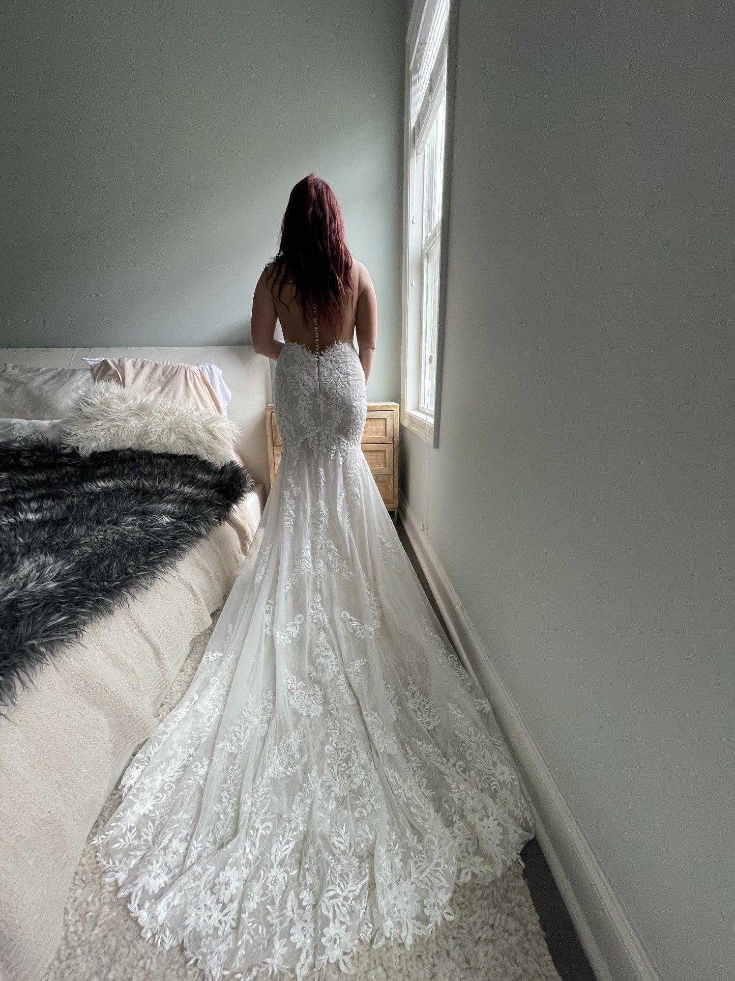 C2023-SS66Y - strapless beaded lace wedding gown with sheer back and chapel train