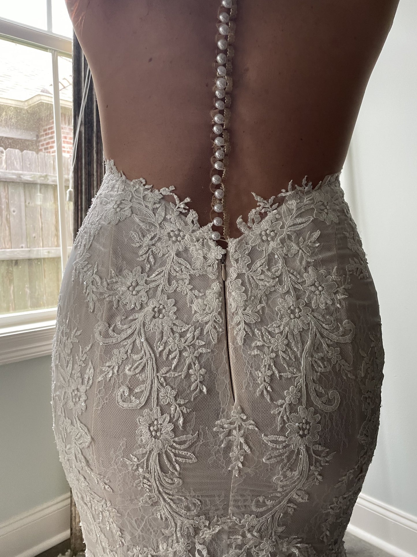 C2023-SS66Y - strapless beaded lace wedding gown with sheer back and chapel train