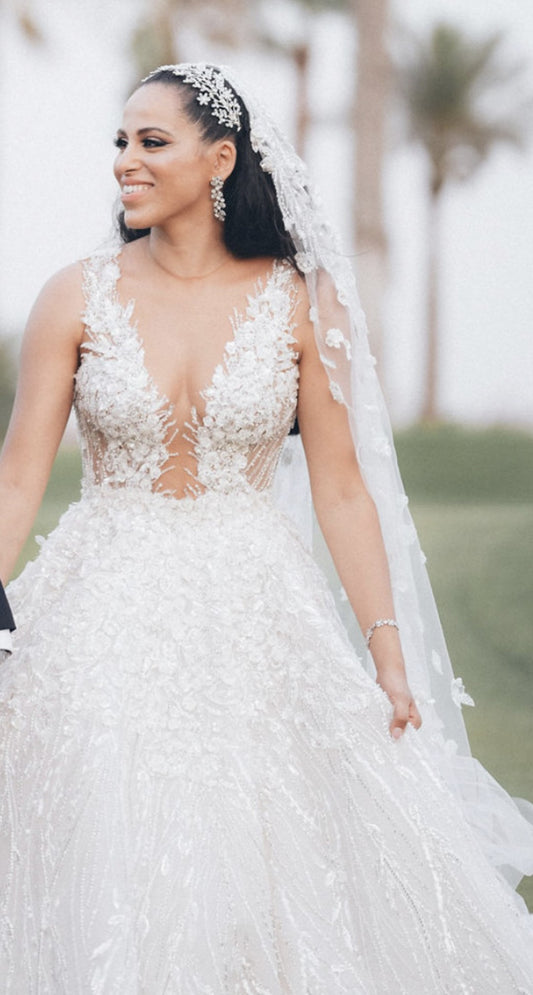 c2023-AL35V - sleeveless sheer v-neck beaded lace a-line wedding gown
