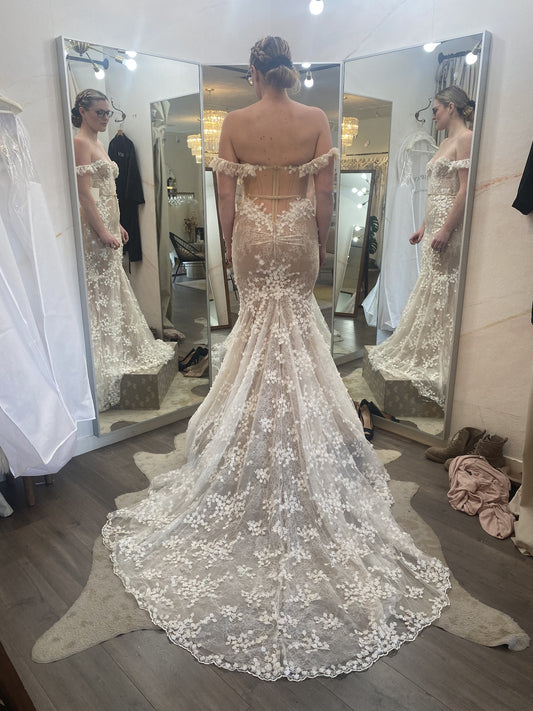 C2023-OSN55 - off the shoulder nude beaded lace wedding gown with arm straps