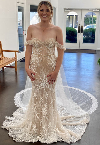 C2023-OSN55 - off the shoulder nude beaded lace wedding gown with arm straps