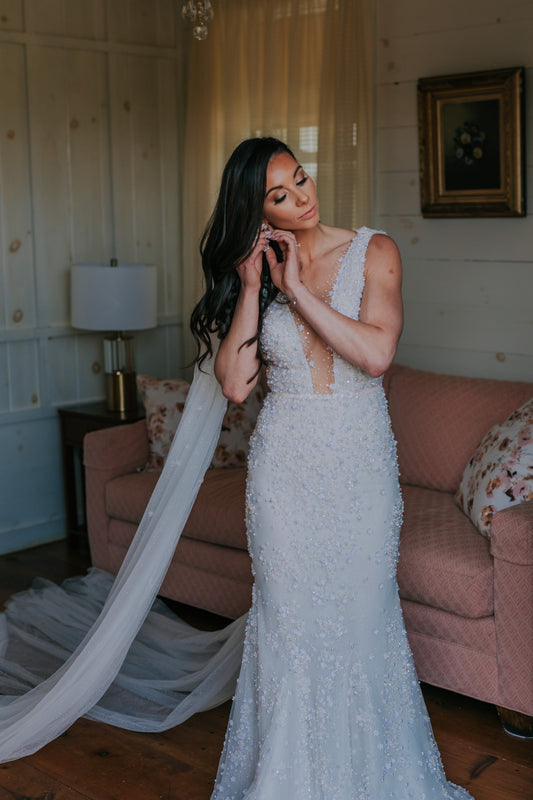 C2023-B916 - sexy deep v-neck embellished sleeveless wedding gown