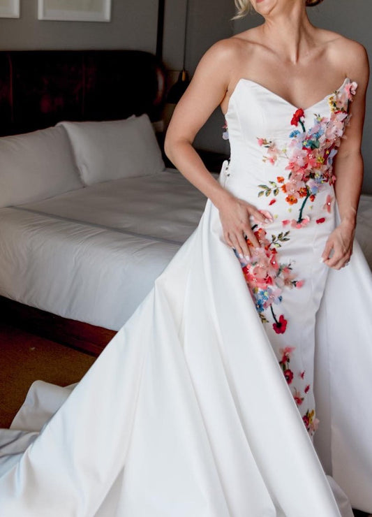 C2023-F933E - strapless sheath style colored 3D flower wedding gown with detachable train