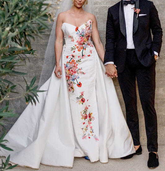 C2023-F933E - strapless sheath style colored 3D flower wedding gown with detachable train