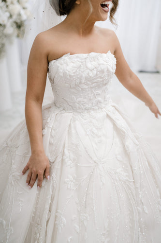 C2023-SB95S - strapless beaded ball gown wedding dress with cathedral train