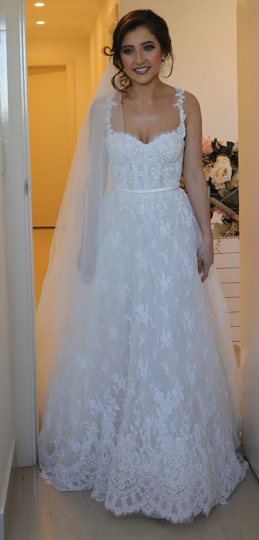 C2023-LA84A - sleeveless a-line open neck wedding gown with lace straps