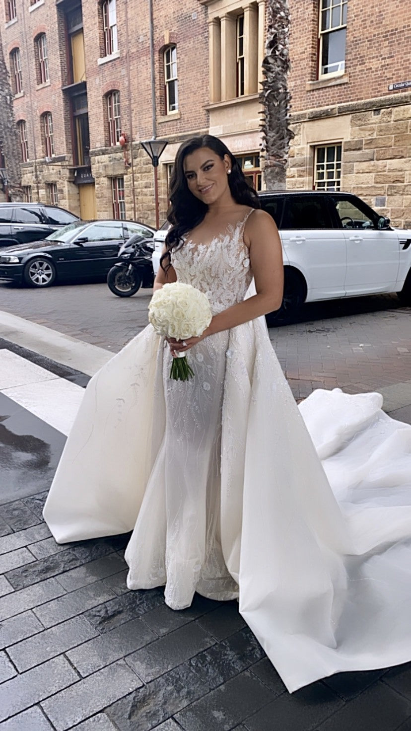 C2023-SD70B - sleeveless illusion neckline wedding gown with detachable train