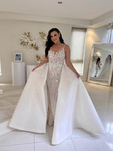 C2023-SD70B - sleeveless illusion neckline wedding gown with detachable train