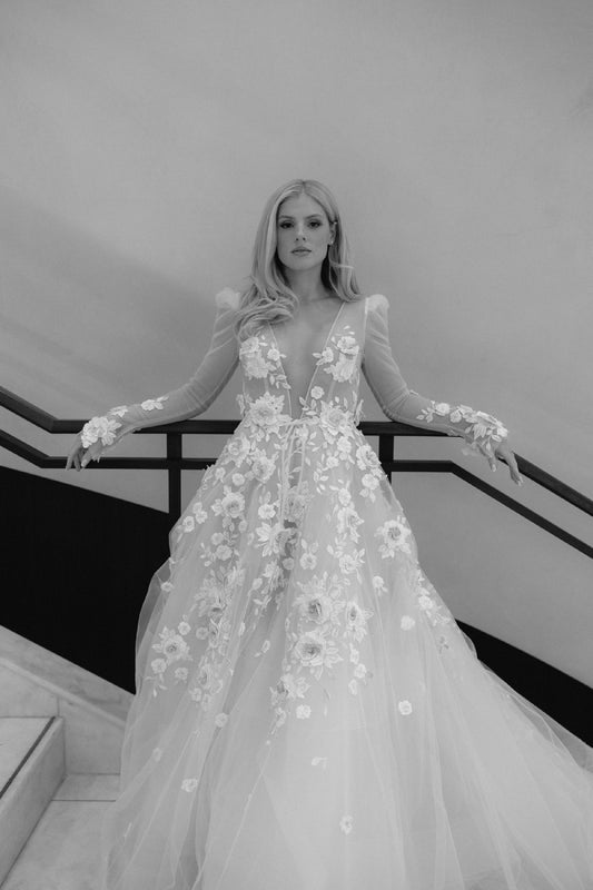 C2023-LS75V - sheer long sleeve deep sexy v-neck a-line style wedding dress