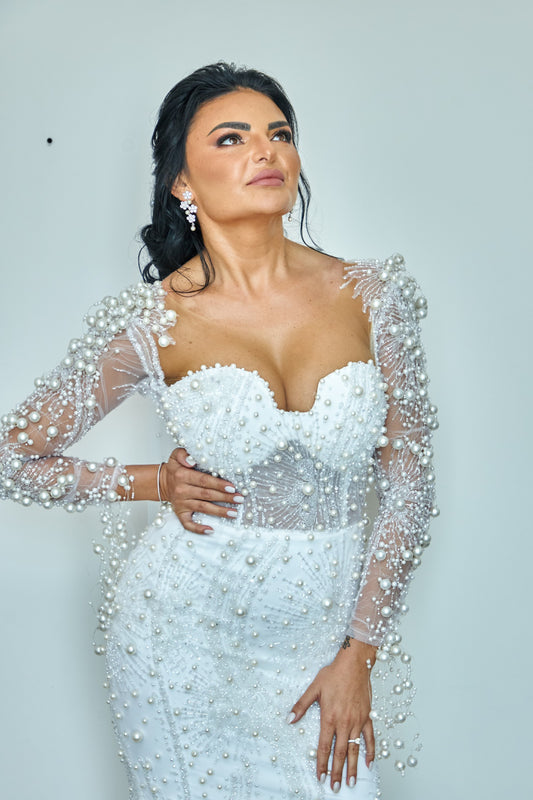 C2023-LSS62 - sheer long sleeve beaded sheath wedding gown
