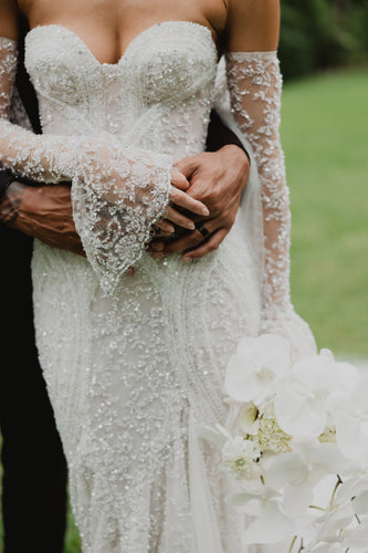 C2023-SS68L - strapless sweetheart beaded embroidery lace wedding gown with detachable long sleeves