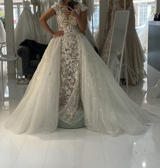 C2023-CS607 - short cap sleeve beaded embroidery lace wedding gown with detachable overskirt train