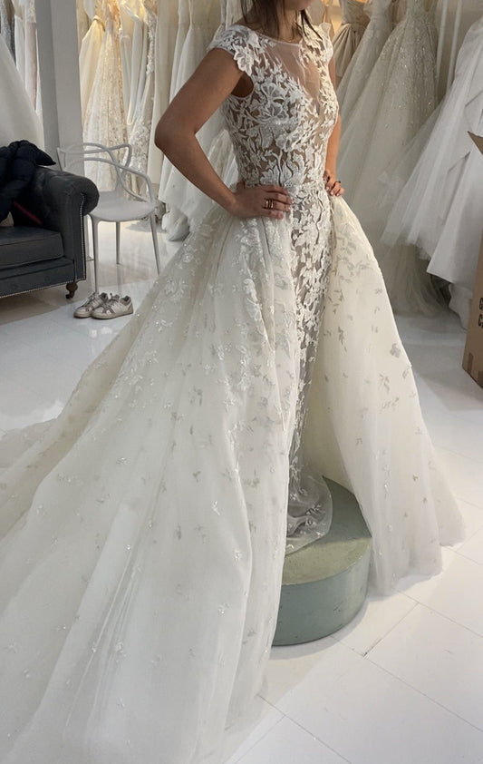 C2023-CS607 - short cap sleeve beaded embroidery lace wedding gown with detachable overskirt train