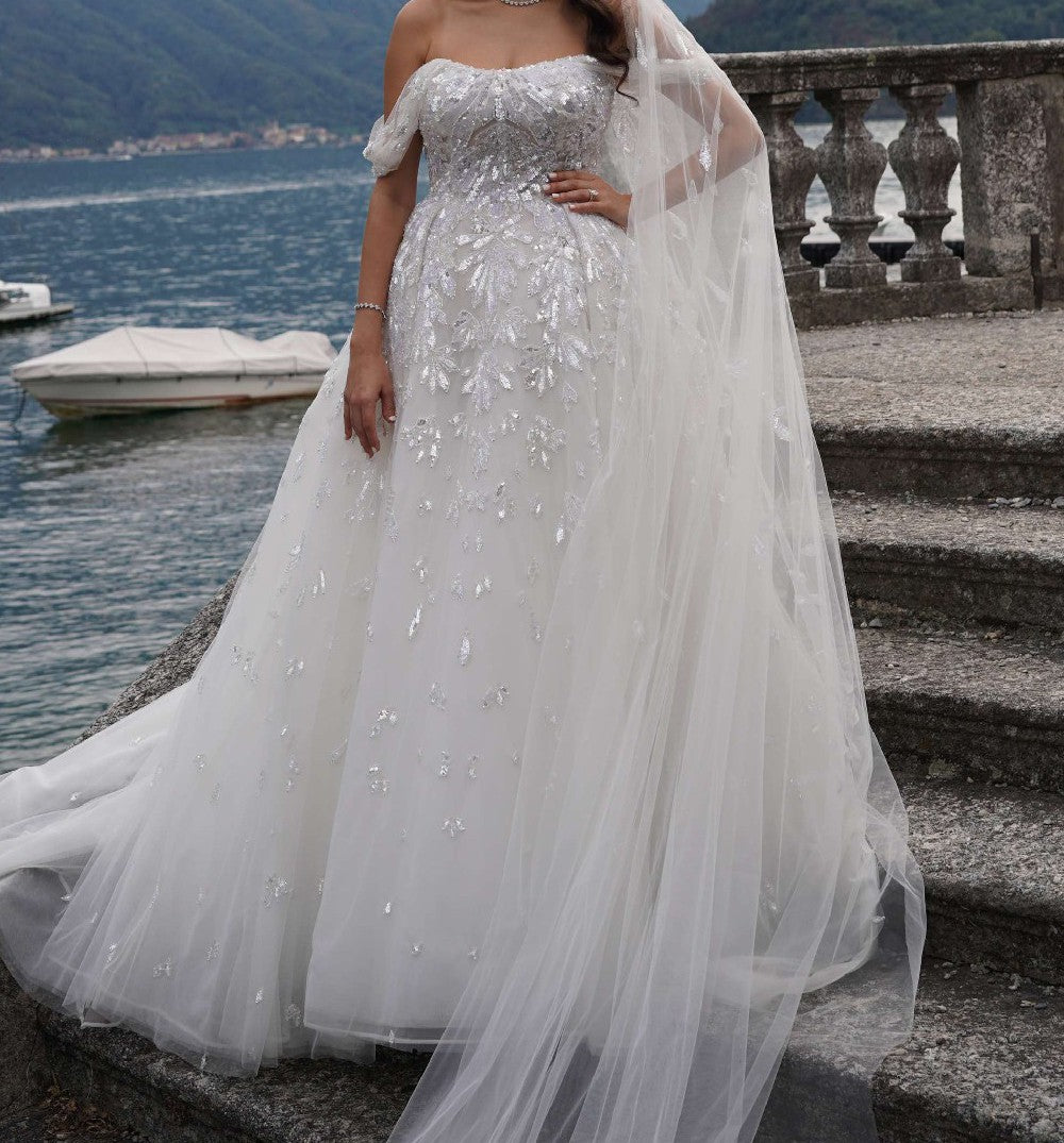 C2023-A644 - Beaded plus size off the shoulder A-Line wedding gown