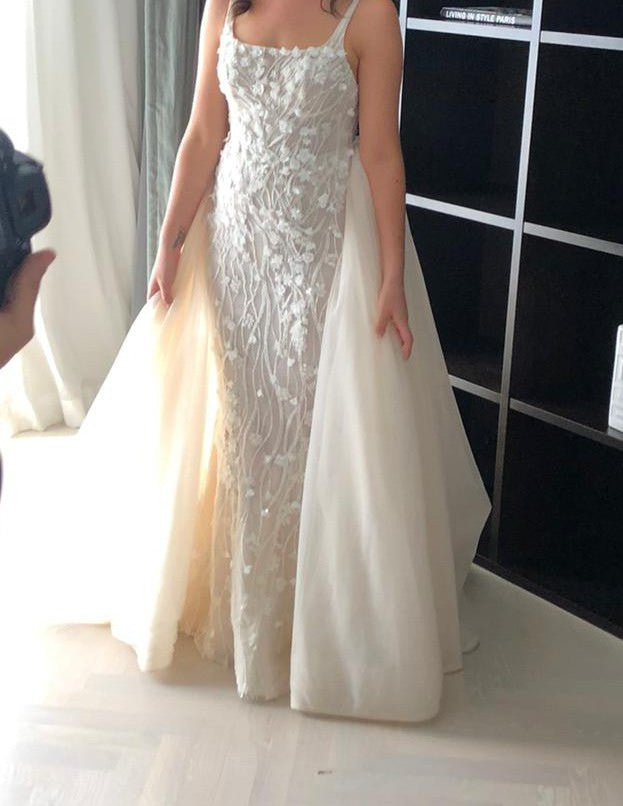 C2023-S650 - sleeveless scoop neck beaded embroidered lace wedding gown with detachable overskirt