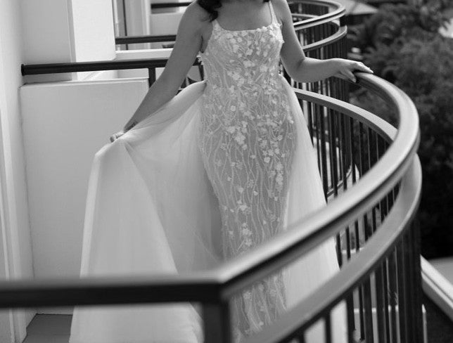 C2023-S650 - sleeveless scoop neck beaded embroidered lace wedding gown with detachable overskirt