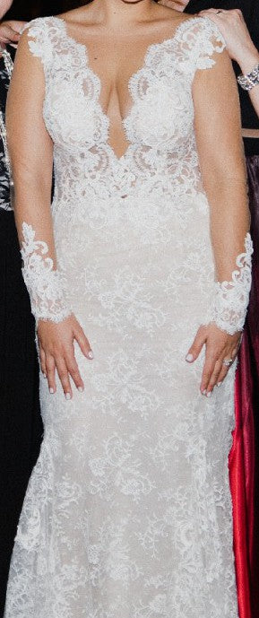 C2023-LS503 - sheer v-neck beaded lace long sleeve wedding gown