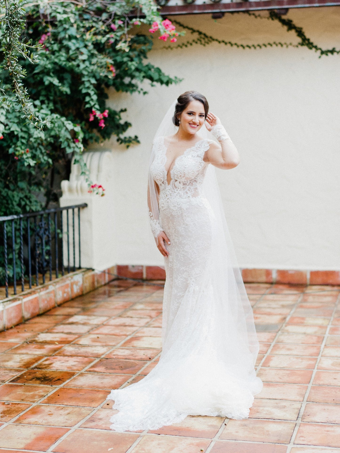 C2023-LS503 - sheer v-neck beaded lace long sleeve wedding gown