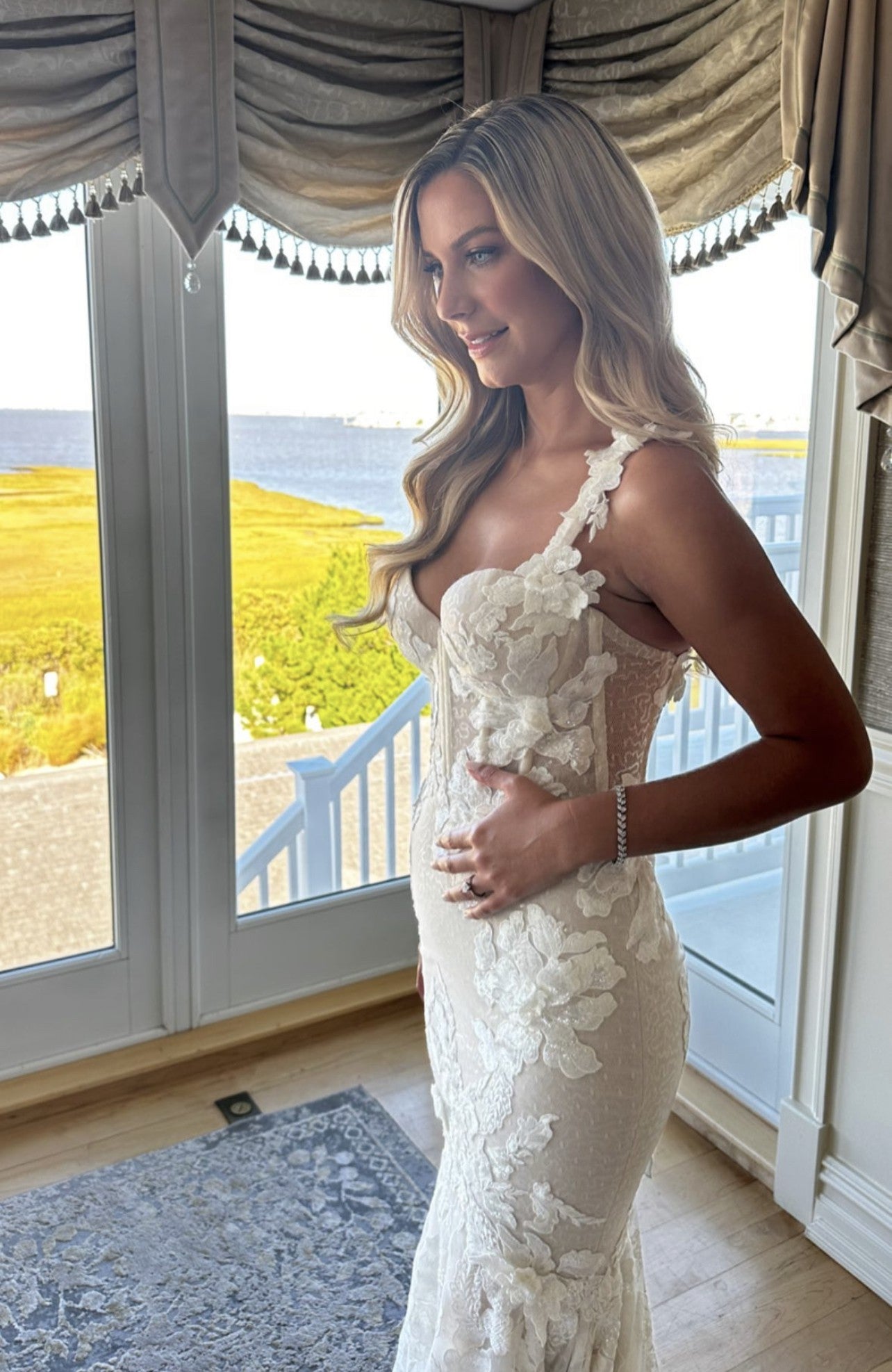 C2023-EL56 - embroidered fit-and-flare lace wedding gown with straps