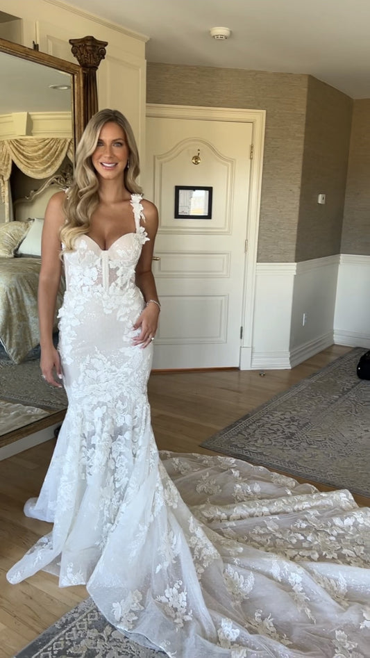C2023-EL56 - embroidered fit-and-flare lace wedding gown with straps