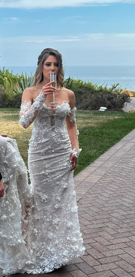 C2023-LS49L - illusion neckline strapless long sleeve beaded lace wedding gown