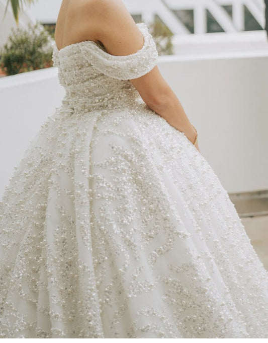 C2023-OSB37 - off the shoulder plus size beaded ball gown wedding dress